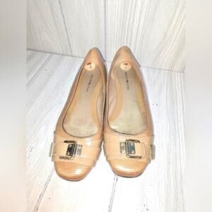 Bandolino Harleen Tan Faux Reptile Print Ballet Flats Silver Buckle Toe Shoes 7